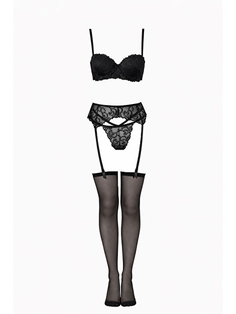 NBB Siyah Ange Jartiyerli Straplez Destekli Sütyen String Takım - S000505979-19351