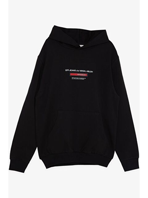 Breeze Erkek Çocuk Sweatshirt Yazı Baskılı Armalı Kanguru Cepli Siyah (8-14 Yaş) - S000080462-19351