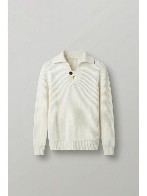 Abluka Online Erkek Oversize Düğmeli Çizgili Kazak Ekru - S000295122-19965