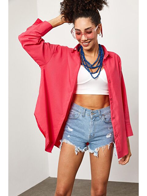 Xhan Fuşya Oversize Uzun Gömlek 2KXK2-45525-65 - S000031920-18686