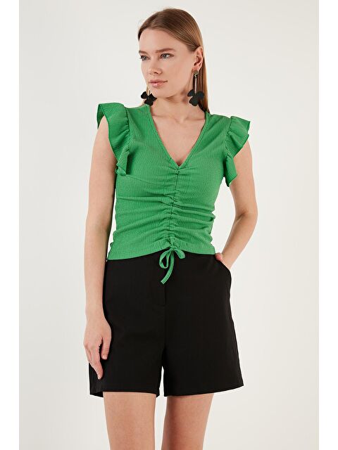 Lela Büzgü Detaylı Kolları Fırfırlı Dar Kesim Crop Bluz 5865015 - S000000375-18194