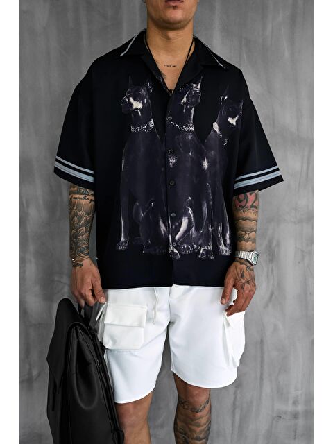 Abluka Online Erkek Süper Oversize Doberman Desenli Kısa Kollu %100 Pamuk Gömlek Siyah - S000386446-19351