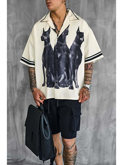Abluka Online Erkek Süper Oversize Doberman Desenli Kısa Kollu %100 Pamuk Gömlek Krem - S000386446-19966