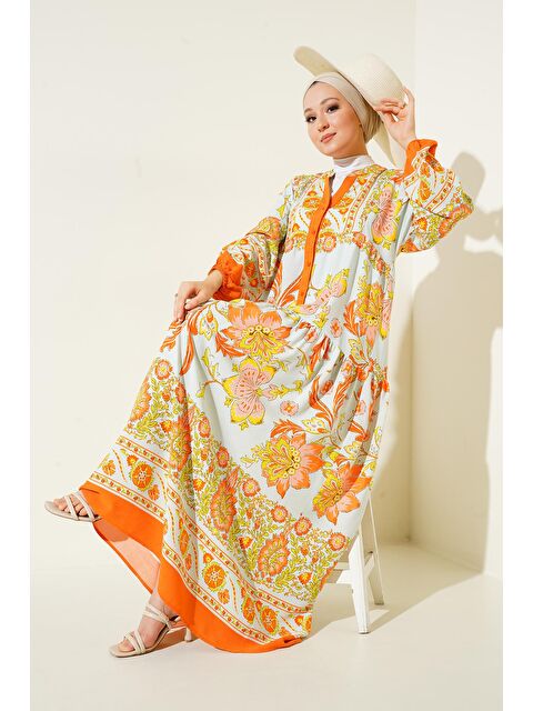 Bigdart 2423 Otantik Desenli Elbise - Y.Turuncu - S000089420-20013