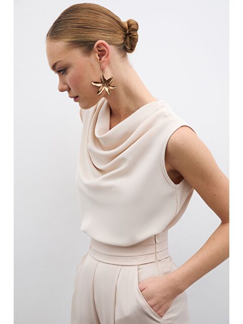 SATEEN Degaje Yaka Kolsuz Bluz - Bej - S000323010-19928