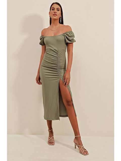 Bigdart 2396 Yırtmaçlı Yazlık Örme Elbise - Çağla - S000089475-18194