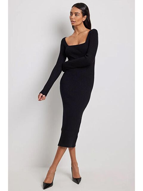 Madmext Siyah Kare Yaka Triko Uzun Elbise Mg1719 - S000030086-19351