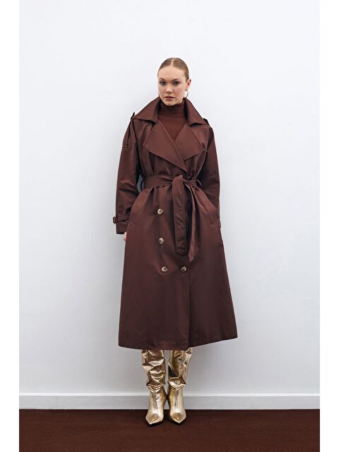 SATEEN Kuşaklı Uzun Trenç - Kahve - S000324605-19413