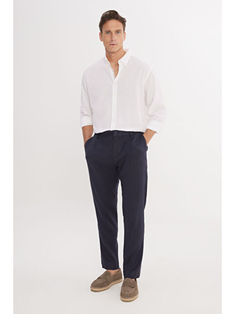 Altınyıldız Classics Erkek Lacivert Keten Slim Fit Dar Kesim Beli Lastikli Yan Cepli Esnek Pantolon