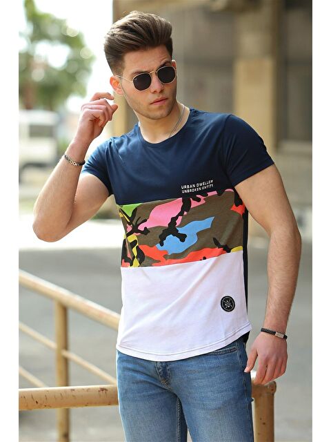Madmext Kamuflaj Desenli Lacivert %100 Pamuk Tişört 3003 - S000039685-21164