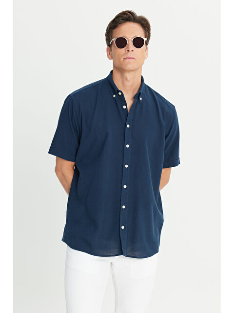 AC&Co / Altınyıldız Classics Erkek Lacivert %100 Pamuk Comfort Fit Rahat Kesim Düğmeli Gömlek Yaka Armürlü Gömlek