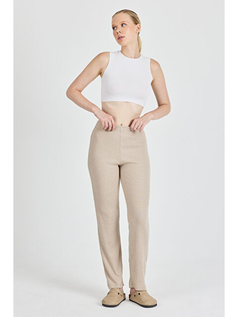 Mmetalic Kadın Vizon Yüksek Bel Fitilli Bol Paça Günlük İnce Eşofman Altı Pijama - S000353246-26429