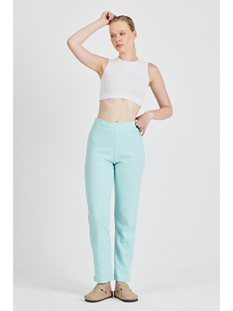 Mmetalic Kadın Su Yeşili Yüksek Bel Fitilli Bol Paça Günlük İnce Eşofman Altı Pijama - S000353246-20054