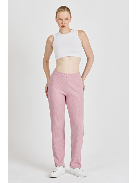 Mmetalic Kadın Gül Kurusu Yüksek Bel Fitilli Bol Paça Günlük İnce Eşofman Altı Pijama - S000353246-20028