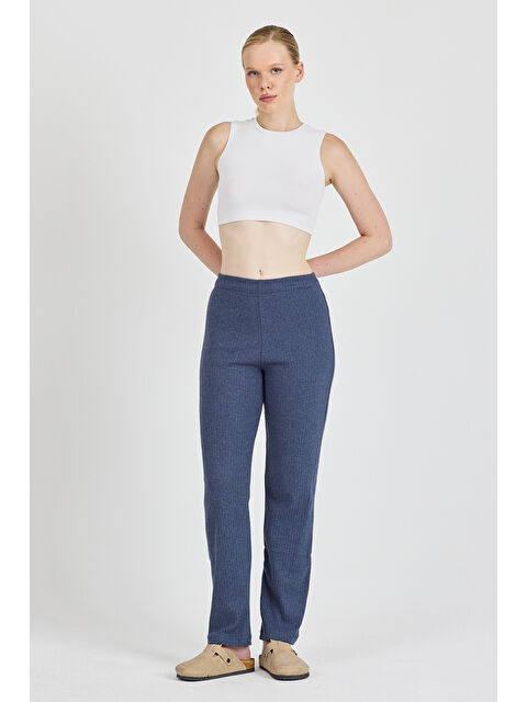 Mmetalic Kadın İndigo Yüksek Bel Fitilli Bol Paça Günlük İnce Eşofman Altı Pijama - S000353246-23093