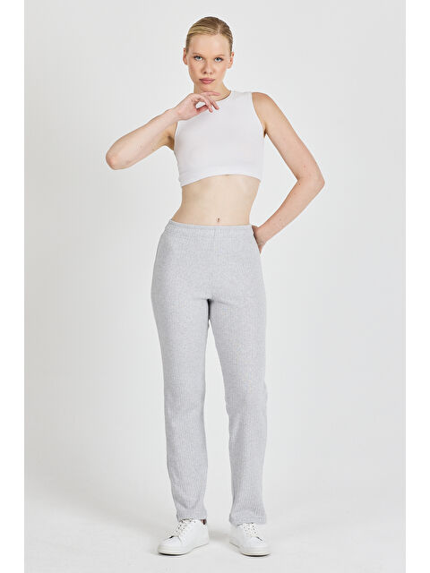 Mmetalic Kadın Gri Yüksek Bel Fitilli Bol Paça Günlük İnce Eşofman Altı Pijama - S000353246-20600