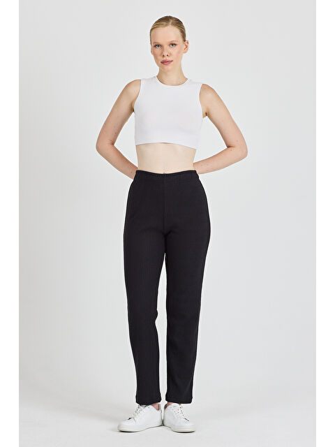 Mmetalic Kadın Siyah Yüksek Bel Fitilli Bol Paça Günlük İnce Eşofman Altı Pijama - S000353246-19351