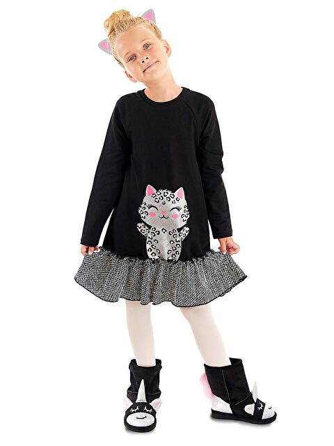 Denokids Gümüş Leopar Kız Çocuk Siyah Elbise - S000064548-19351