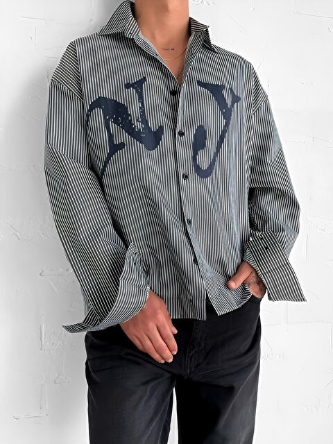 Abluka Online Erkek Oversize Çizgili Baskılı Gömlek Koyu Gri - S000365697-29351