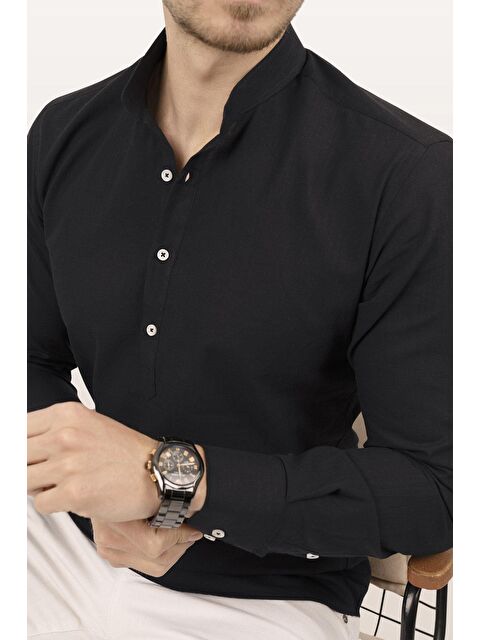 Etikmen Siyah Hakim Yaka Keten Üç Düğmeli Slimfit Erkek %100 Pamuk Gömlek - S000120802-19351