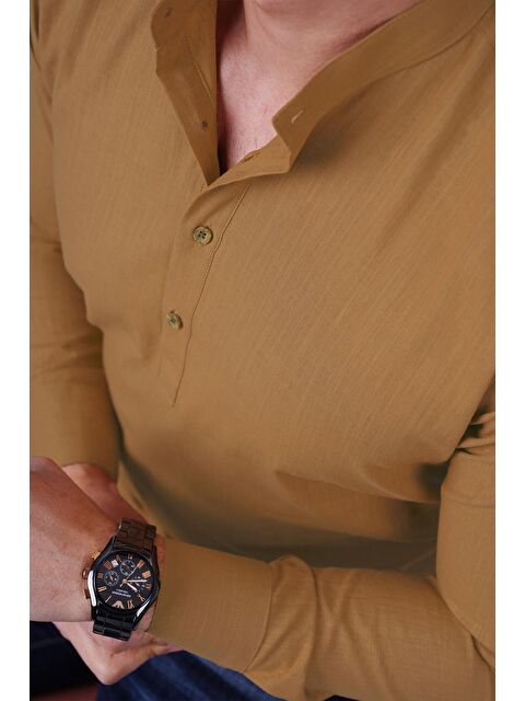 Etikmen Taba Hakim Yaka Keten Üç Düğmeli Slimfit Erkek %100 Pamuk Gömlek - S000120802-14955