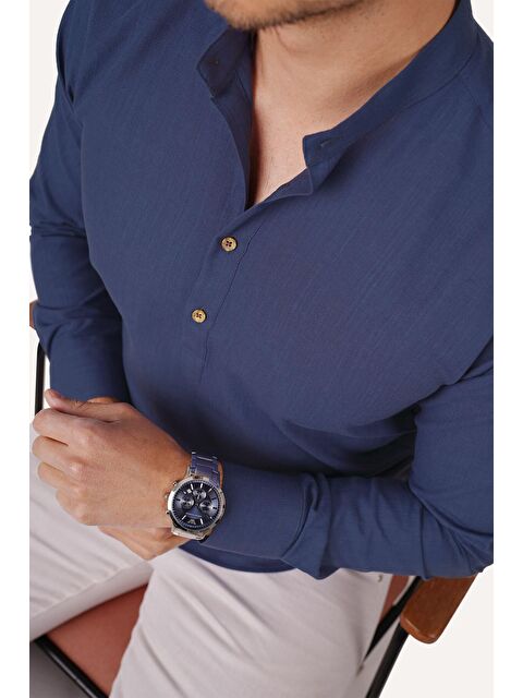Etikmen Indigo Hakim Yaka Keten Üç Düğmeli Slimfit Erkek %100 Pamuk Gömlek - S000120802-23093