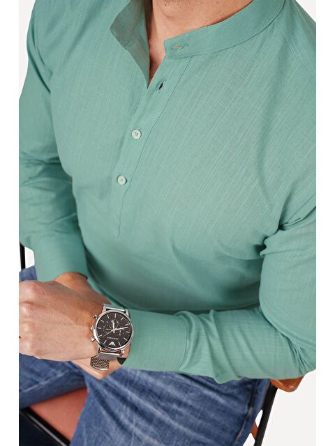 Etikmen Mint Yeşili Hakim Yaka Keten Üç Düğmeli Slimfit Erkek %100 Pamuk Gömlek - S000120802-29488