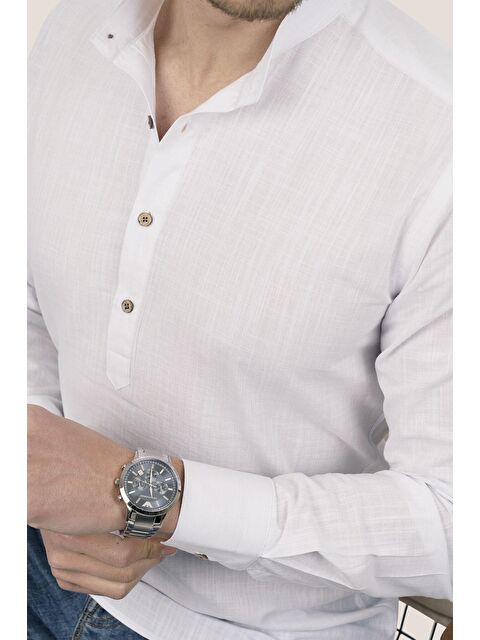 Etikmen Beyaz Hakim Yaka Üç Düğmeli Keten Slimfit Erkek %100 Pamuk Gömlek - S000120802-20063