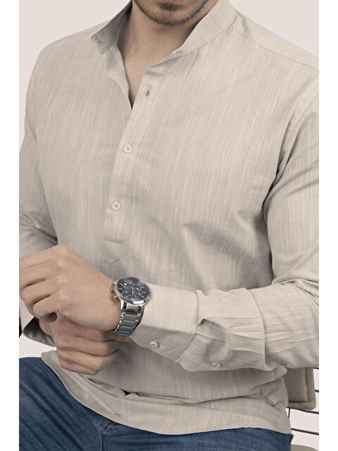 Etikmen Sütlü Kahve Hakim Yaka Keten Üç Düğmeli Slimfit Erkek %100 Pamuk Gömlek - S000120802-17365