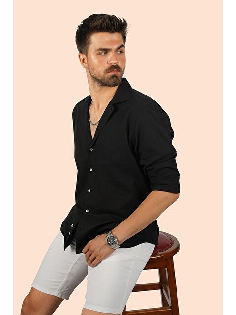 Etikmen Siyah Keten Apaj Yaka Oversize Erkek %100 Pamuk Gömlek - S000236694-19351