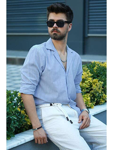 Etikmen Mavi Keten Apaj Yaka Oversize Erkek %100 Pamuk Gömlek - S000236694-17234
