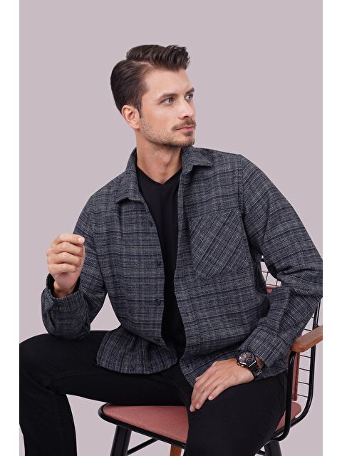 Etikmen Lacivert Hasır Desenli Oversize %100 Pamuk Erkek Oduncu Gömlek - S000236685-21164