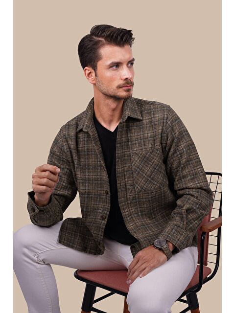 Etikmen Kahverengi Hasır Desenli Oversize %100 Pamuk Erkek Oduncu Gömlek - S000236685-19413