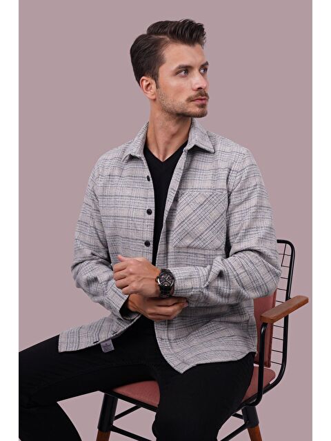 Etikmen Gri Hasır Desenli Oversize %100 Pamuk Erkek Oduncu Gömlek - S000236685-20600