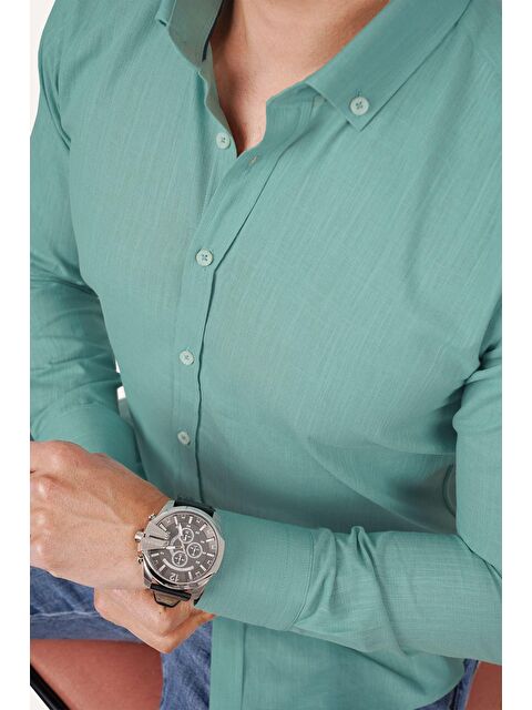 Etikmen Mint Yaka Düğmeli Keten Görünümlü Slimfit Erkek %100 Pamuk Gömlek - S000236680-1180