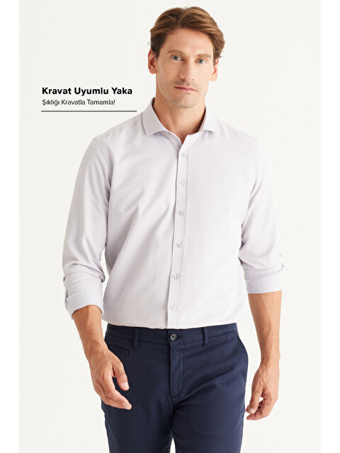 AC&Co / Altınyıldız Classics Erkek Gri Kolay Ütülenebilir Slim Fit Dar Kesim İtalyan Yaka Armürlü Basic Gömlek