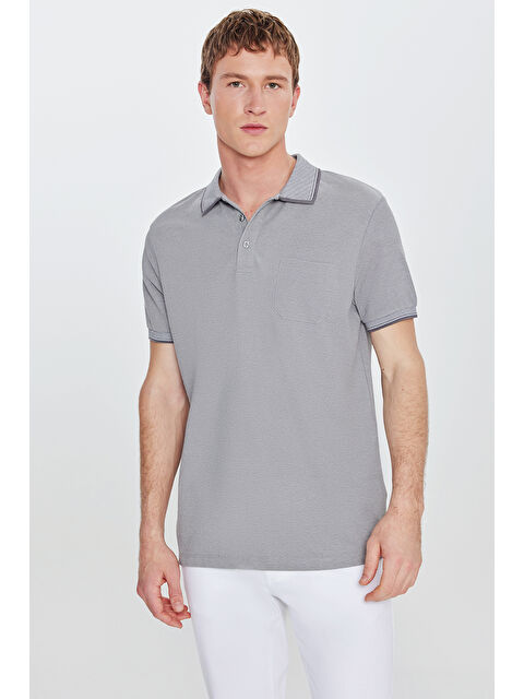 AC&Co / Altınyıldız Classics Erkek Gri Pamuklu Comfort Fit Rahat Kesim Polo Yaka Cepli Tişört