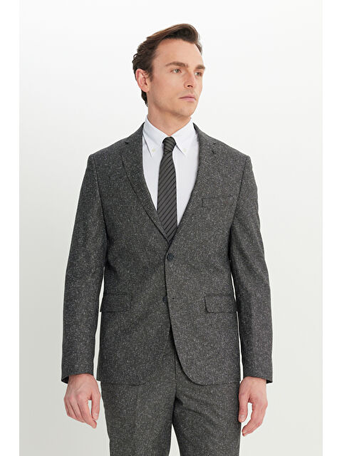Altınyıldız Classics Erkek Siyah-Gri Slim Fit Mono Yaka Kapak Cepli Tweet Desenli Esnek Takım Elbise