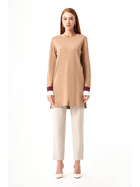 Mizalle Kol Piliseli Rayon Triko Camel-Beyaz Tunik - S000090769-20472