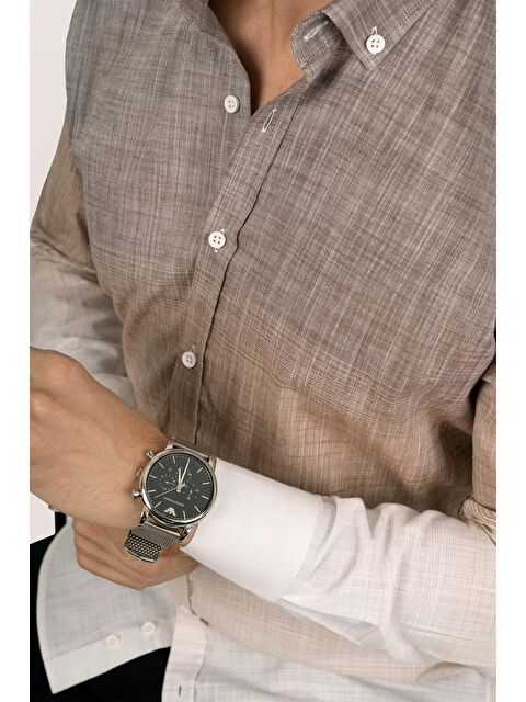 Etikmen Panolu Kahve Bej Geçişli Keten Slimfit Erkek %100 Pamuk Gömlek - S000236675-37315