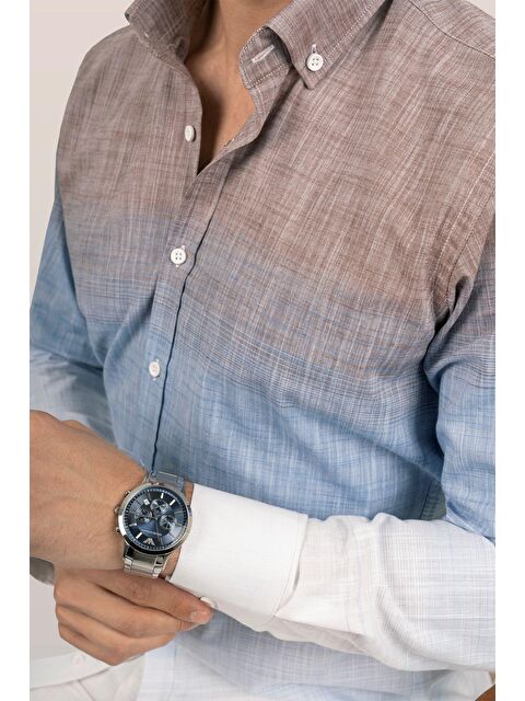 Etikmen Panolu Kahve Mavi Geçişli Keten Slimfit Erkek %100 Pamuk Gömlek - S000236675-6414