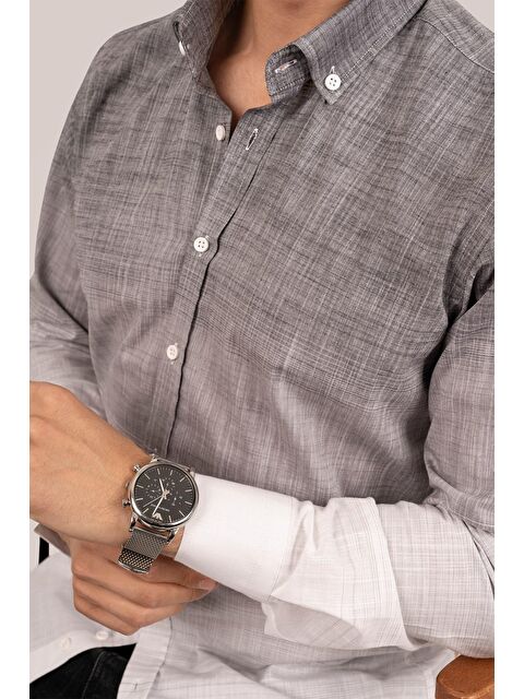 Etikmen Panolu Gri Beyaz Geçişli Keten Slimfit Erkek %100 Pamuk Gömlek - S000236675-37276