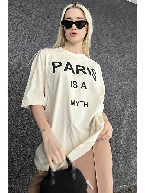 Madmext Ekru Paris Baskılı Kadın Tişört Mg1654