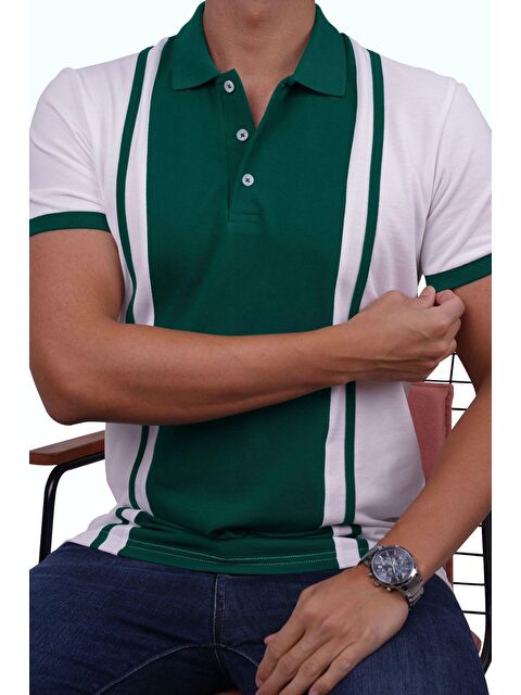 Etikmen Beyaz Yeşil Çift Renkli Erkek Polo Yaka %100 Pamuk Tişört - S000174172-37251