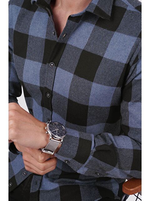 Etikmen Mavi Siyah Dama Desenli Slimfit %100 Pamuk Erkek Oduncu Gömlek - S000120139-17234