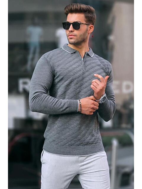 Madmext Antrasit Fermuarlı Erkek Triko Kazak 6824 - S000046904-29666