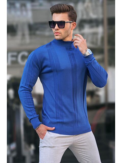 Madmext İndigo Balıkçı Yaka Desenli Kazak 6825 - S000056806-23093