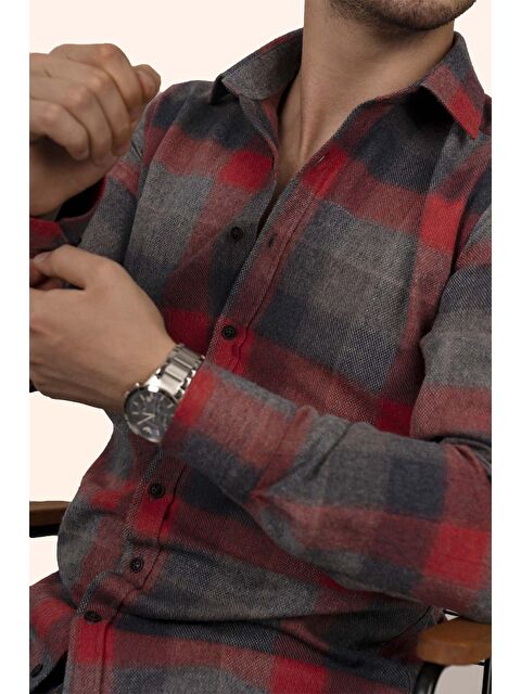 Etikmen Kırmızı Gri Dama Slimfit %100 Pamuk Erkek Oduncu Gömlek - S000120139-37631