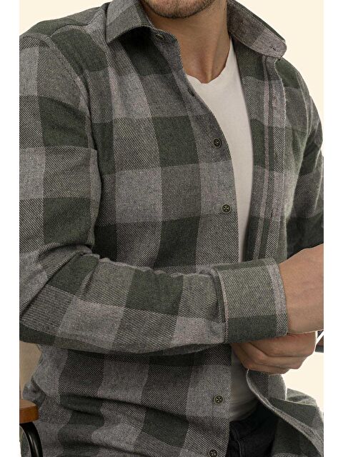 Etikmen Yeşil Gri Dama Slimfit %100 Pamuk Erkek Oduncu Gömlek - S000120139-5236