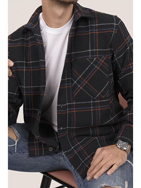 Etikmen Siyah Kiremit Çizgili Oversize Kalın %100 Pamuk Erkek Oduncu Gömlek - S000120137-3520